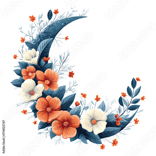 Beautiful flowers and leaves decorated crescent moon on white background , vector style simple color