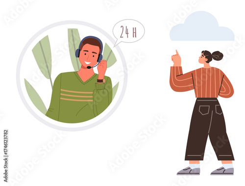 Man with headset providing 24-hour assistance, woman pointing towards help icon. Ideal for customer service, support, online help, assistance, communication, problem-solving, simple flat metaphor