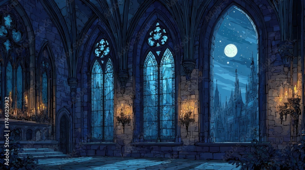 Obraz premium Abandoned ancient chapel with tall windows concept. A gothic interior with moonlit windows and medieval architecture.