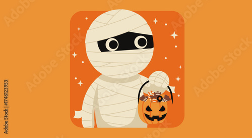 A cheerful flat design illustration of a friendly mummy holding a trick-or-treat bucket filled with colorful Halloween candies, presented against a warm, minimalist orange background. 
