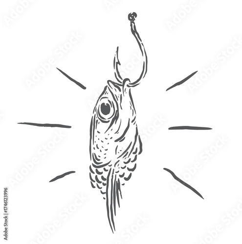 illustration of a fish head caught on a fishing rod