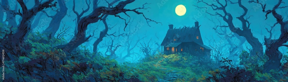 Naklejka premium Haunted house glowing under moonlit woods concept. A mysterious haunted house in a dark, enchanted forest at night.