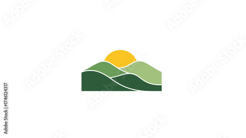 Layered Green Hills Logo: Nature, Sunrise, Landscape, and Eco-Friendly Icon.