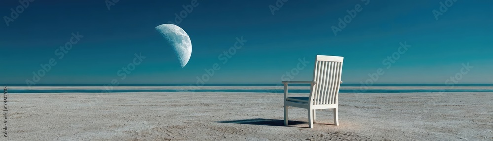 Fototapeta premium Astronaut relaxing calmly on moon beach chair concept. A serene scene featuring a lone chair by a tranquil ocean.