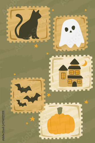 Rustic stamp grid with cat, ghost, bats, haunted house, pumpkin, and stars.