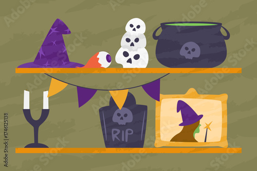 Witchy shelf with hat, eyeball, skulls, cauldron, banner, candle, and tombstone.