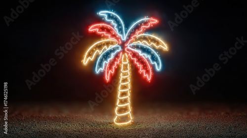 Neon Palm Tree with Christmas Lights. Minimal New Year Concept.