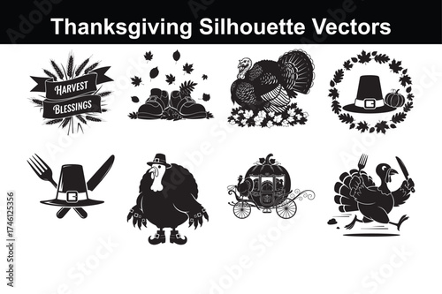 Vector art of thanksgiving silhouette vector art with harvest blessings banner, turkeys, pumpkins, pilgrim hats, and cutlery