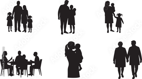 Black silhouette of adults interacting with children, parenting moments, emotional bonding, caregiver support, family connection, love, care, education, nurturing, relationship, unity