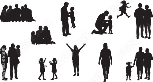 Black silhouette of adults and children in various family poses, parenting interaction, bonding moments, social connection, emotional support, education, love, care, unity