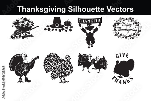 Vector art of thanksgiving silhouette vector graphics including thankful man, wheelbarrow, pilgrim hat, turkeys, and happy thanksgiving wreath