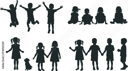 Black silhouette of children playing, jumping, sitting, holding hands, joyful interaction, friendship, group activity, childhood moments, social bonding, outdoor fun, unity