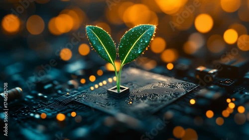 Small green plant sprouting from microchip on electronic circuit board with glowing orange bokeh, symbolizing eco-friendly technology, sustainable innovation, digital nature, green energy integration