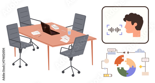 Office desk with laptops, chairs, and documents, paired with voice recognition interface and infographic chart. Ideal for teamwork, AI technology, project planning, brainstorming, communication
