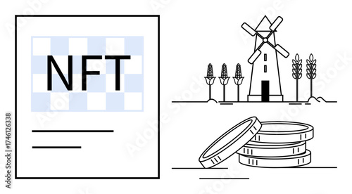NFT document, coins, windmill, and crops emphasizing connection between digital assets and sustainability. Ideal for blockchain, cryptocurrency, green tech, rural economy, innovation farming or