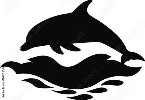Illustrator Vector Dolphin jumping above ocean waves in black silhouette