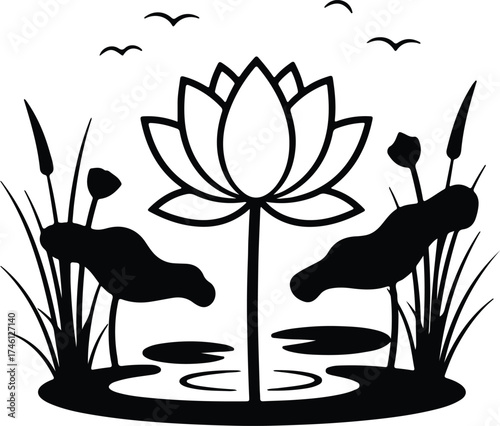 Illustrator Vector Lotus flower in pond water plants silhouette