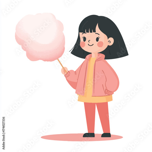 Cute cartoon girl holding pink cotton candy on a stick