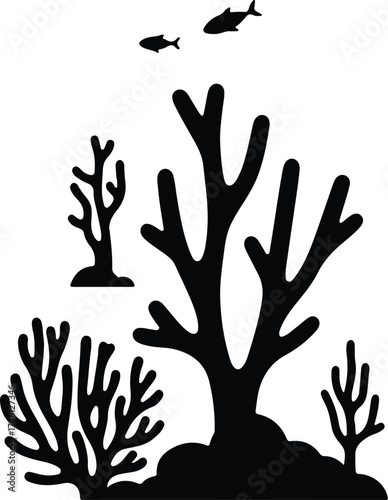 Illustrator Vector Ocean corals and fishes underwater seascape silhouette