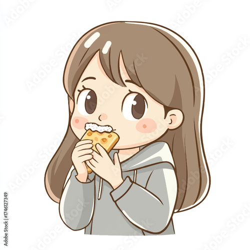  Cute cartoon girl in a grey hoodie eating toas