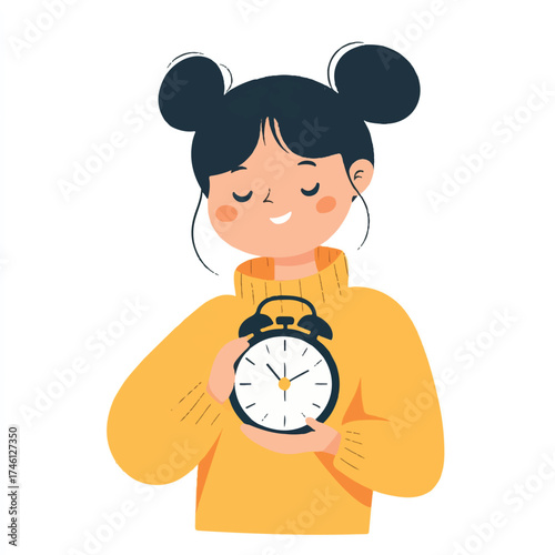  Cute cartoon girl in a yellow sweater holding an alarm clock