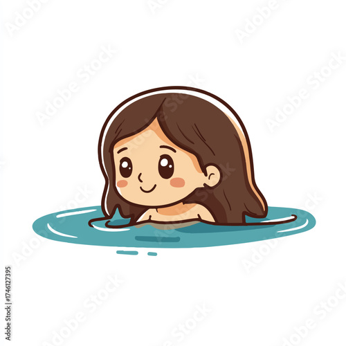 Cute cartoon girl swimming in the water enjoying the summer day.