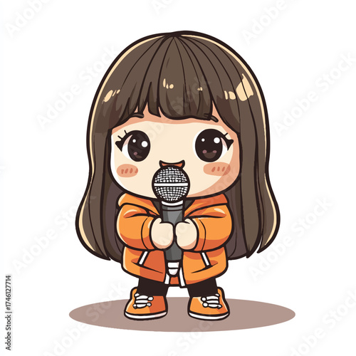 Cute Chibi Girl Singing with Microphone