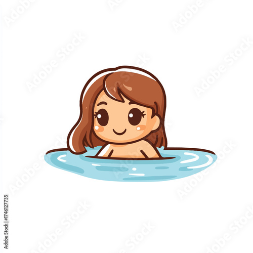 Cute chibi girl with brown hair swimming in water cartoon illustration.
