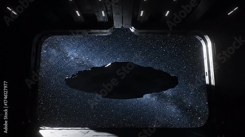 Sci-fi spaceship emerging from hangar into starry space