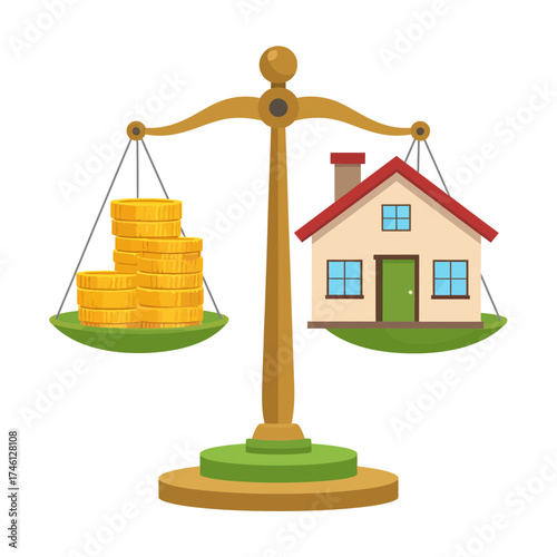 House and Money on Scales Balancing Act of Real Estate Investment.
