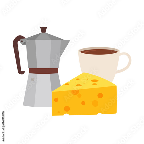 Coffee Pot Cup and Cheese A Delicious Morning Trio.