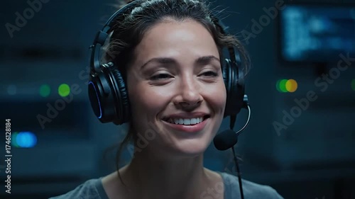 Woman wearing headset with microphone, looking surprised and smiling
