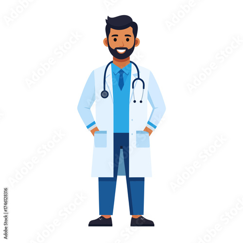 Fullbody shot of a male doctor with stethoscope and lab coat.