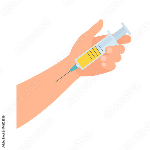 Arm receiving an injection of yellow liquid from a syringe.