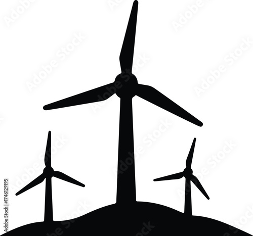 Illustrator Vector Wind turbines farm renewable energy source on hill silhouette