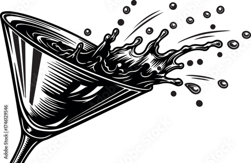 Black and white reveals a martini glass with liquid splashing outwards
