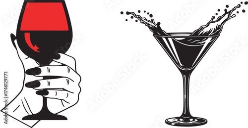 Elegant hand holds red wine glass near splashing martini over white transparent background