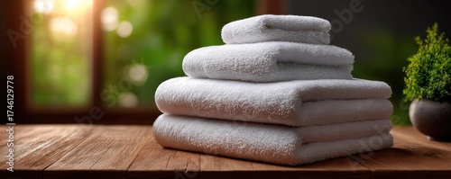 Wooden board with towels in laundry room concept. Neatly stacked towels on a wooden table with a green plant.
