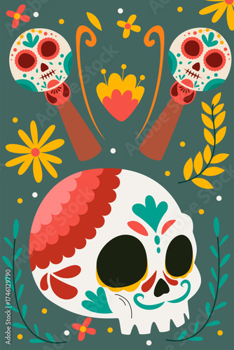 Festive Day of the Dead composition with decorated skull, maracas, and bright flowers.