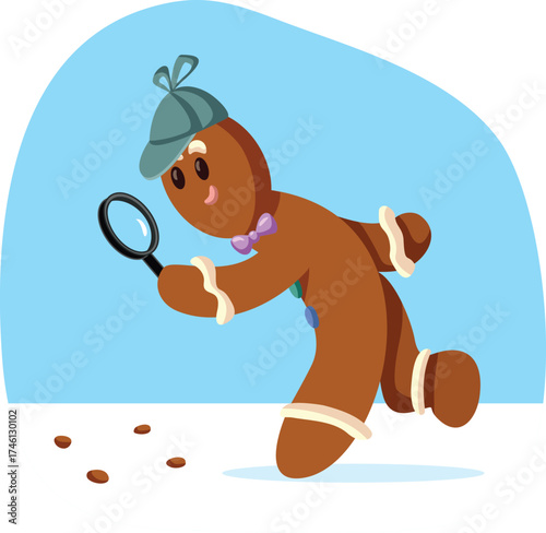Detective Gingerbread Man Investigating Crumbs Vector Character. Inspector character looking from clues in a Christmas misery disappearance case  
