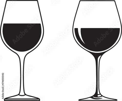 Two elegant wine glasses filled with red wine are presented on white background