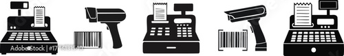 A series of icons representing checkout systems, including cash registers and barcode scanners, commonly used in retail environments.