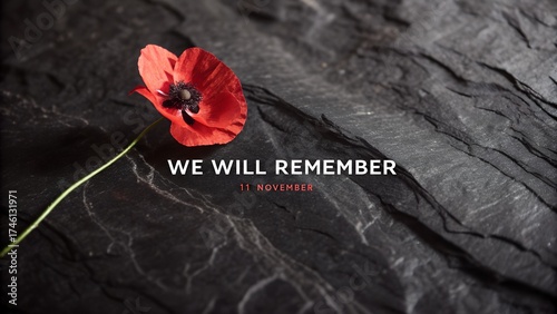 A single red remembrance poppy rests on a dark textured surface with the words we will remember inscribed