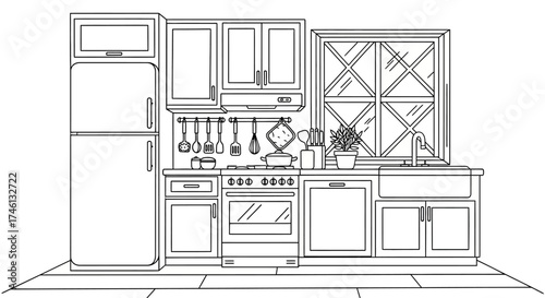 A detailed black and white illustration of a kitchen interior with appliances.