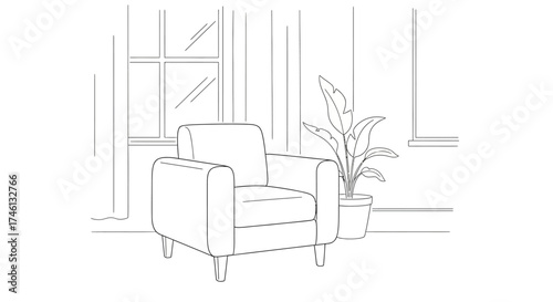 A line drawing depicts a comfortable armchair next to a potted plant and a window.