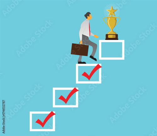 Businessman climbing checklist-shaped stairs leading to a trophy. Success motivation vector flat illustration.
