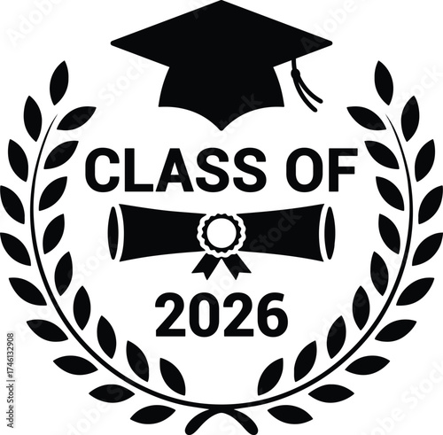 Class of 2026 Graduation Cap and Diploma Silhouette Vector. Academic Achievement Emblem Design