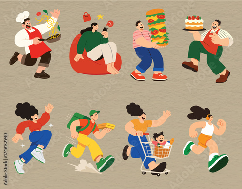 People Doing Daily Activities Illustration Set — vector collection of men and women cooking, running, shopping, exercising, and enjoying everyday moments in a colorful cartoon style.