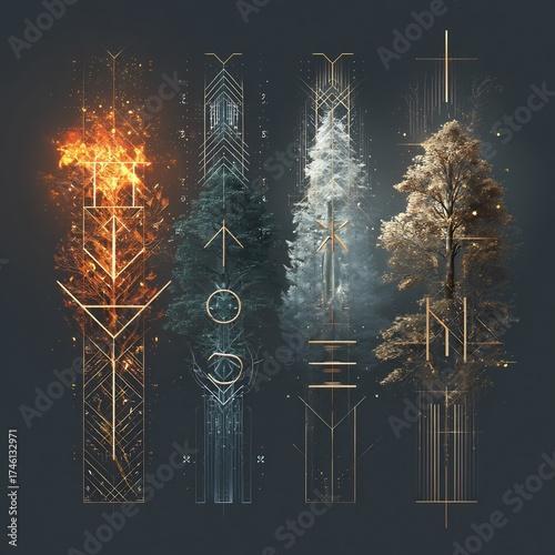 Four Stylized Trees with Glowing Geometric Patterns and Ancient Runic Symbols Representing Elements and Seasons in Digital Art