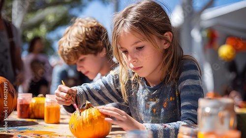 **A Family-Friendly Halloween Festival During The Day, With Parents And Children In Costumes And Face Painting. People Take Part In Games, Pumpkin Carving, And Photo Booths. Street Decorated With Hall